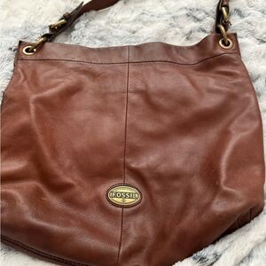 Fossil Brown Leather Shoulder Hobo with Brass Accents Vintage